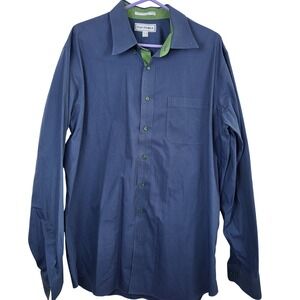 Paul Fredrick Dress Shirt  17.5 38 Blue Green Striped Non Iron Cotton Button Up